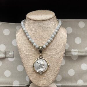 Gray Beaded Necklace with Medallion Pendant